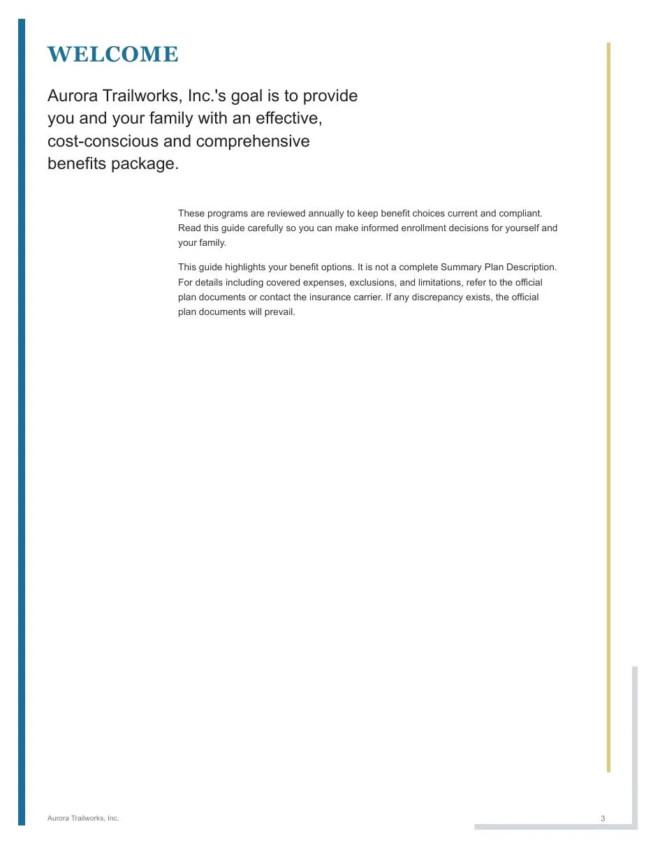 Page 3 of the fictional Aurora Trailworks employee benefits guide