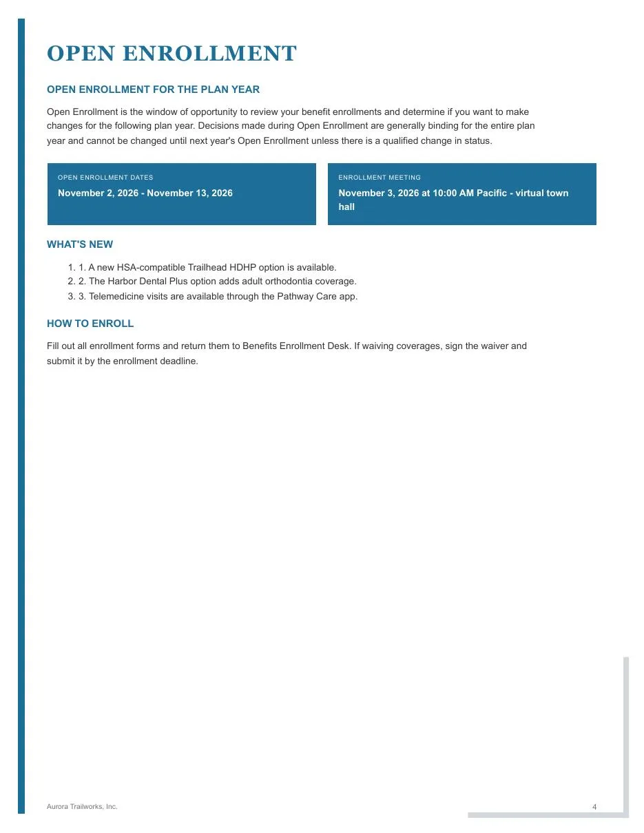 Page 4 of the fictional Aurora Trailworks employee benefits guide