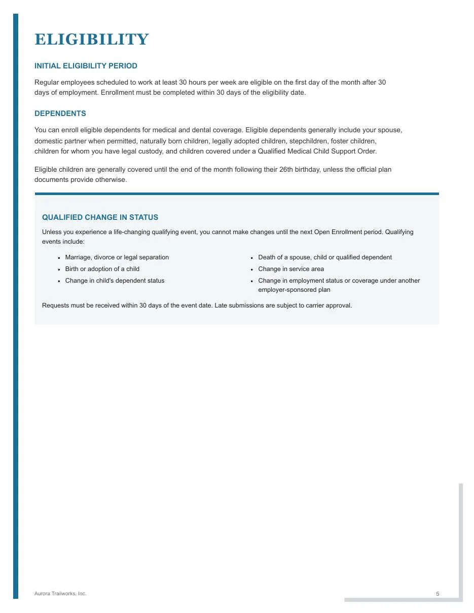 Page 5 of the fictional Aurora Trailworks employee benefits guide