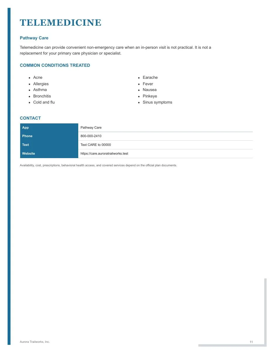 Page 11 of the fictional Aurora Trailworks employee benefits guide