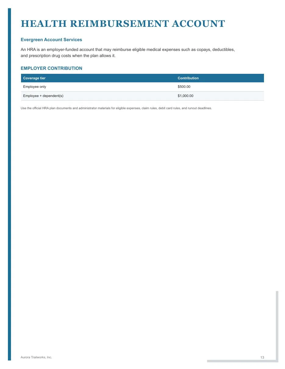 Page 13 of the fictional Aurora Trailworks employee benefits guide