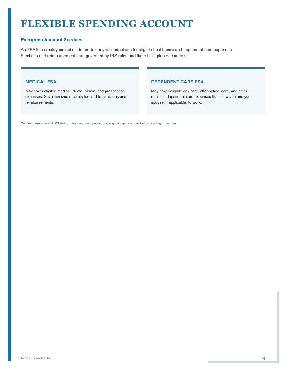 Page 14 of the fictional Aurora Trailworks employee benefits guide