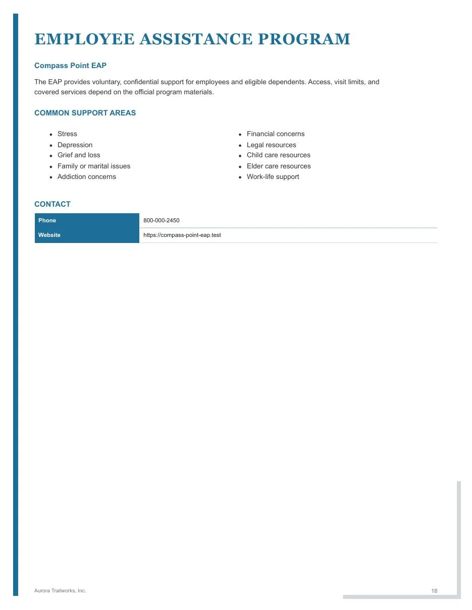 Page 18 of the fictional Aurora Trailworks employee benefits guide