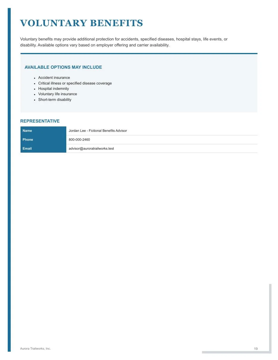Page 19 of the fictional Aurora Trailworks employee benefits guide