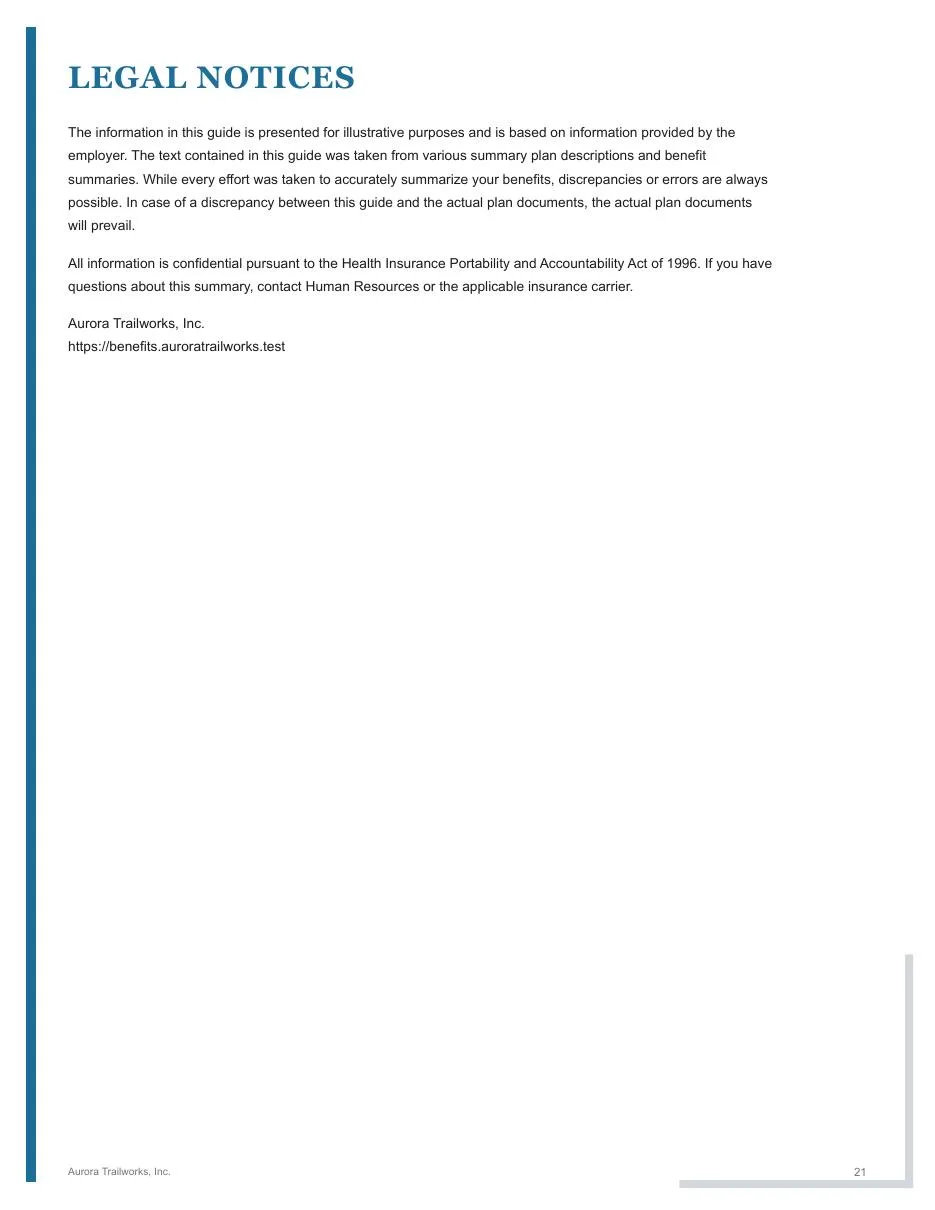 Page 21 of the fictional Aurora Trailworks employee benefits guide
